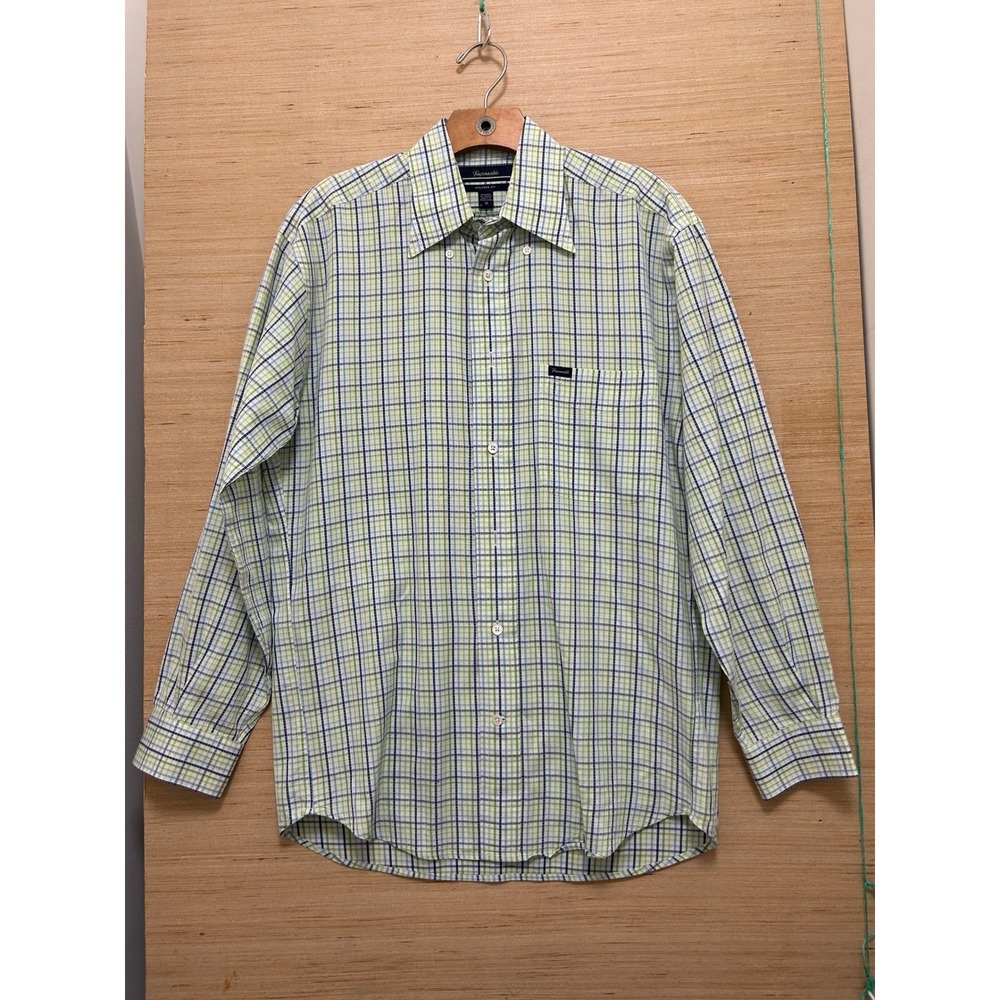 Faconnable Mens Relaxed Fit Plaid Button Down Shirt Green‎ Blue White Small